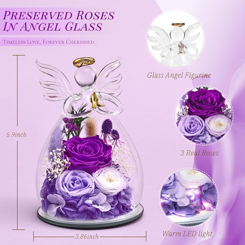 Bessol Gifts for Women, Valentines Day Decorations Flowers for Delivery Fresh Bouquet Forever Preserved Flowers Real Rose Angel Figurine Glass, Xmas Decor Gifts for Mom Grandma Wife Sister, Purple - Image 2